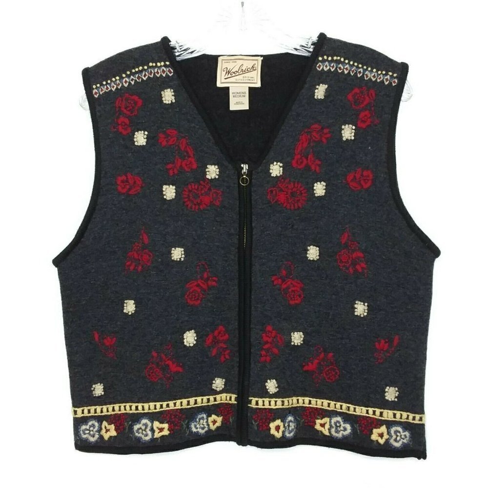Woolrich VTG Women's Wool Blend Cropped Full-Zip Embroidered Vest